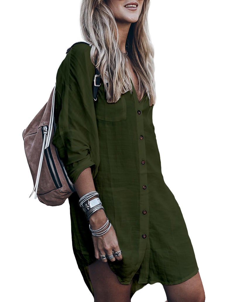 Zoye Chen Womenâ€™s Swimsuit Cover up,Silky Button Down Shirt Midi Dress Kimono,Summer Bathing Suit Beach Coverups for Women (CP-Aline) (Olive, Medium) - Image 1